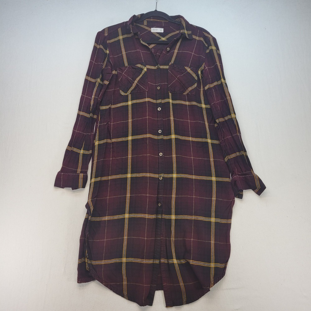 Maurices Duster Cardigan Womens Medium Burgundy Plaid Relaxed Fit Flannel Shirt